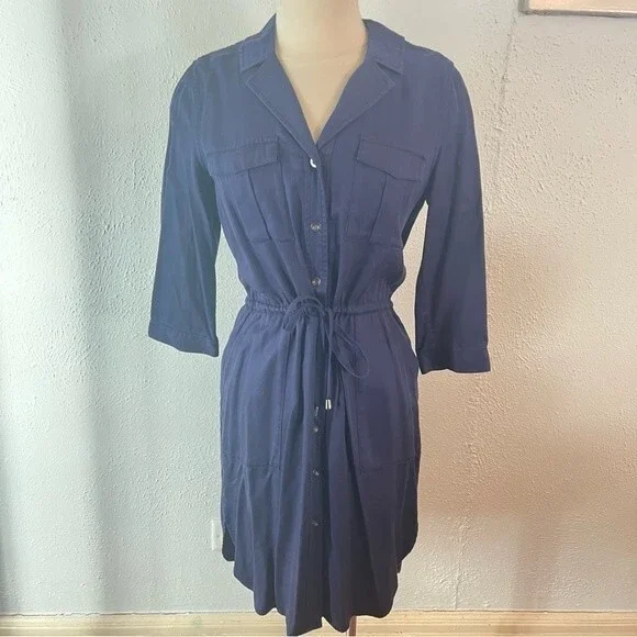 NEW French Connection Navy Blue Kruger Tencel Tie Waist Button Front Dress Sz 4 - Picture 3 of 11